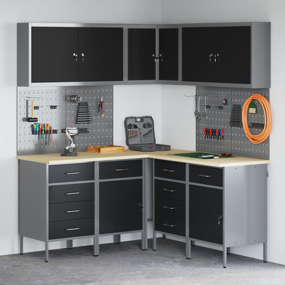 12-Delige Werkbank En Pegboard Set Mdf En Metaal 4x (2x84/2x85 cm) Zwart Tafel + 7x kast + 4x pegboard