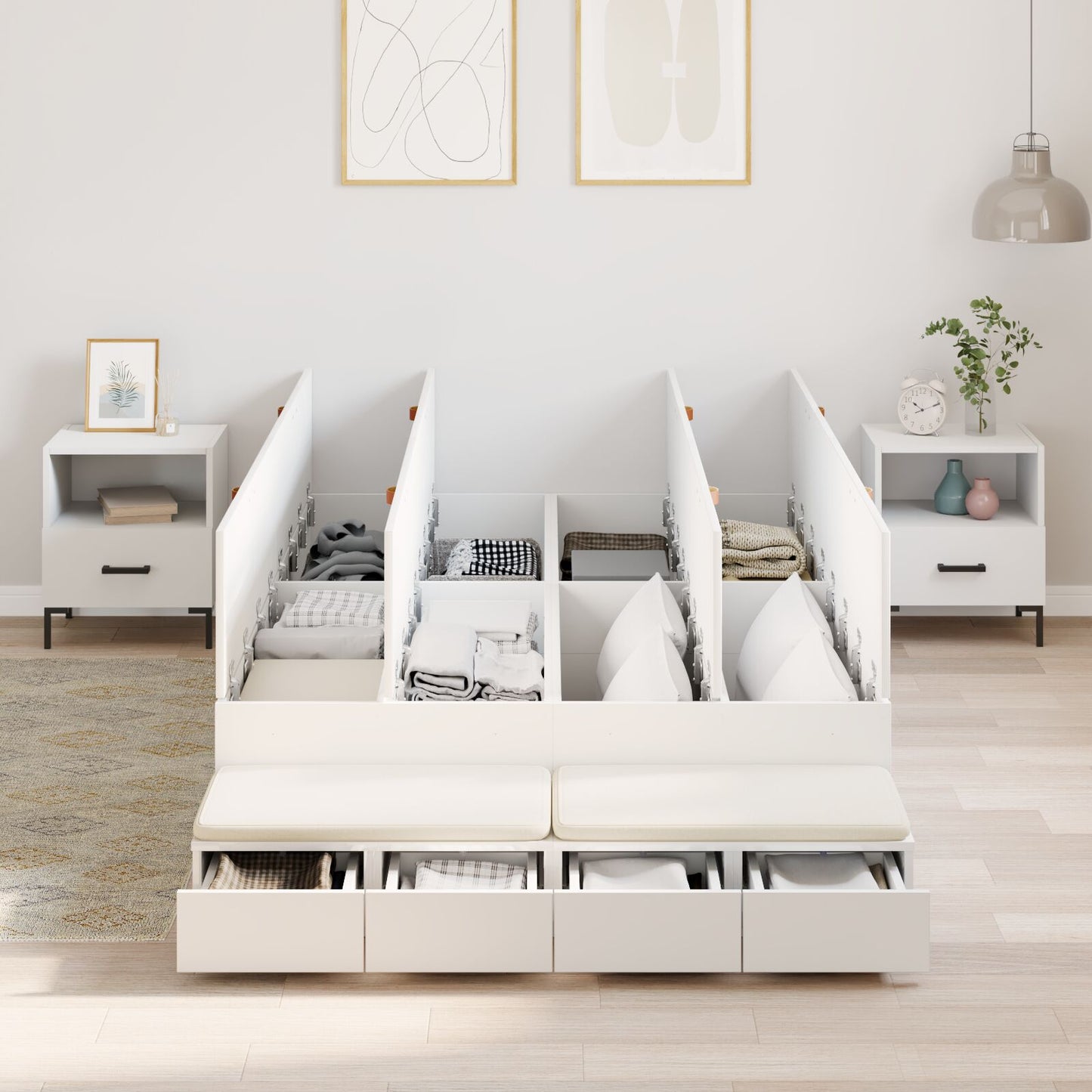 Opbergbedframe Wit Bewerkt Hout 120 X 190 Cm Opbergbedframe Artisanaal Eiken