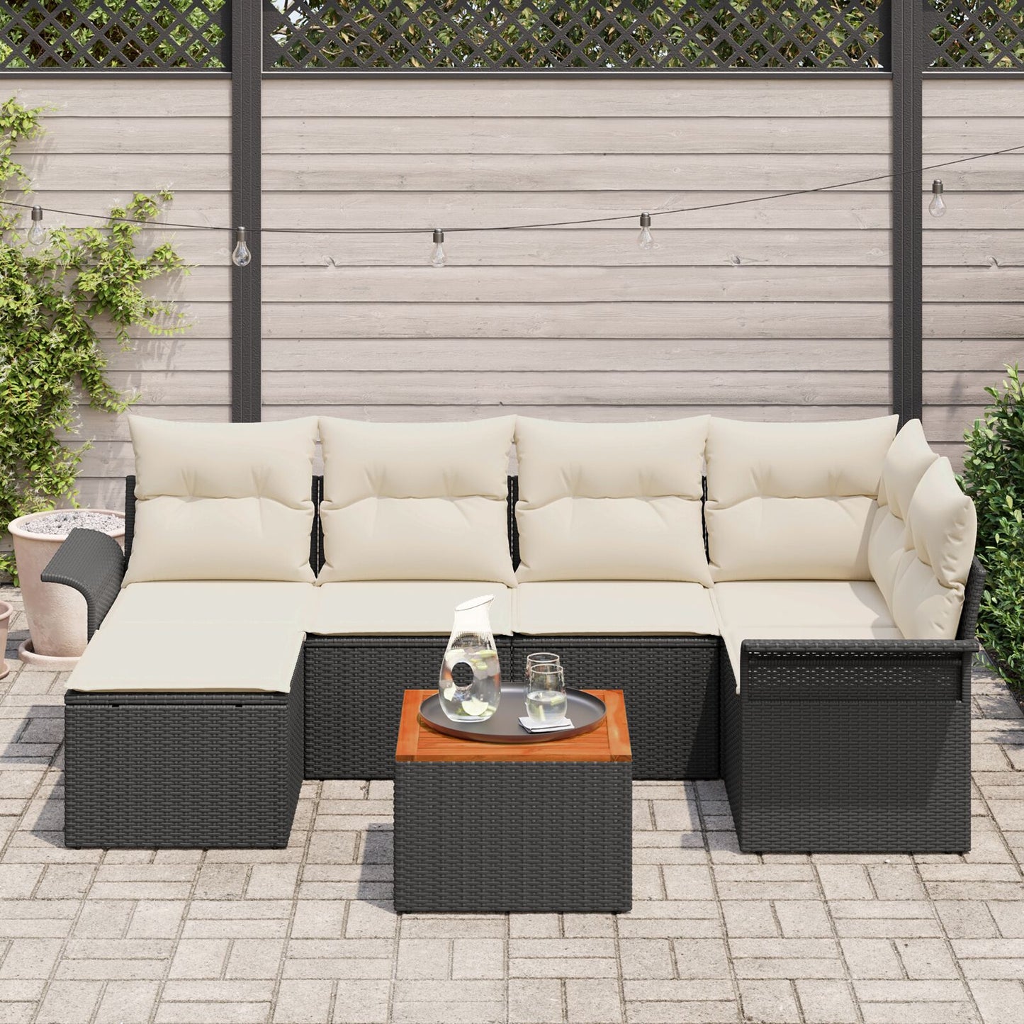 7-Delig Tuin Sofa Set Met Kussens Zwart Poly Rattan Acacia