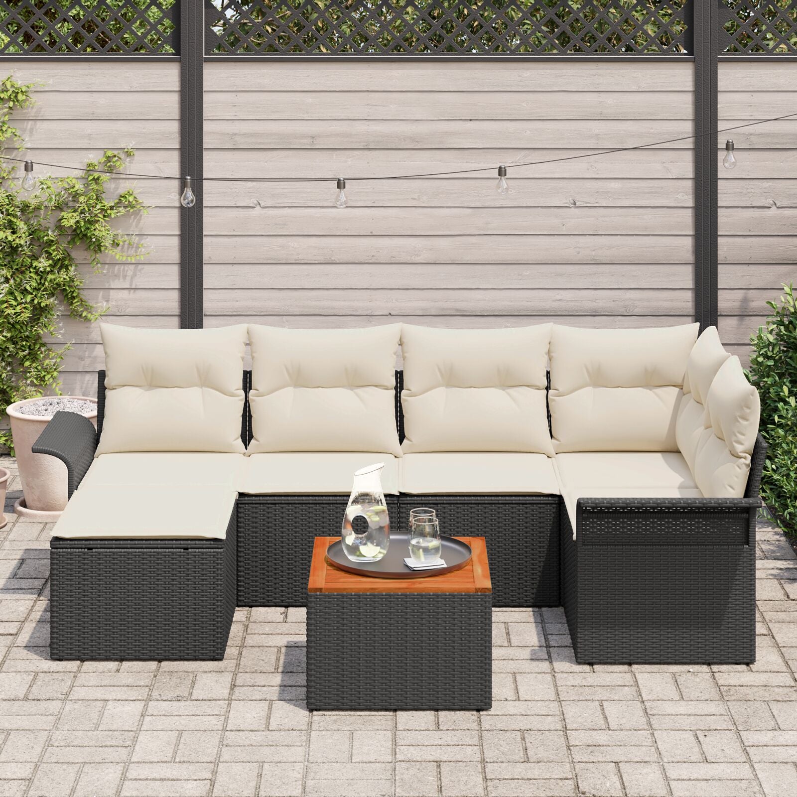 7-Delig Tuin Sofa Set Met Kussens Zwart Poly Rattan Acacia