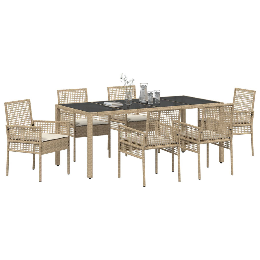 7-Delige Tuin Eetset Met Kussens Beige Poly Rattan