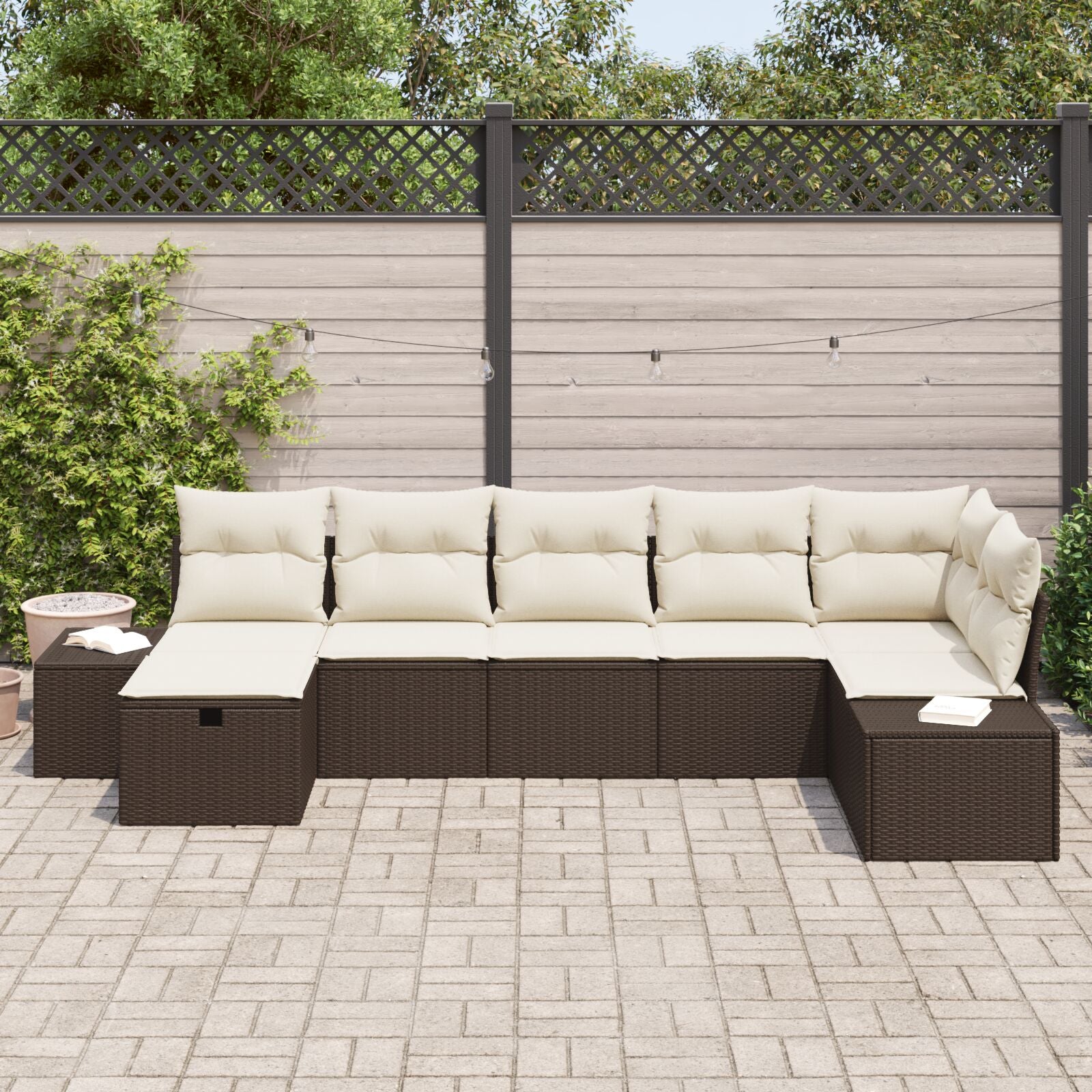 7-Delige Tuin Sofa Set Met Kussens Bruin Poly Rattan Wit
