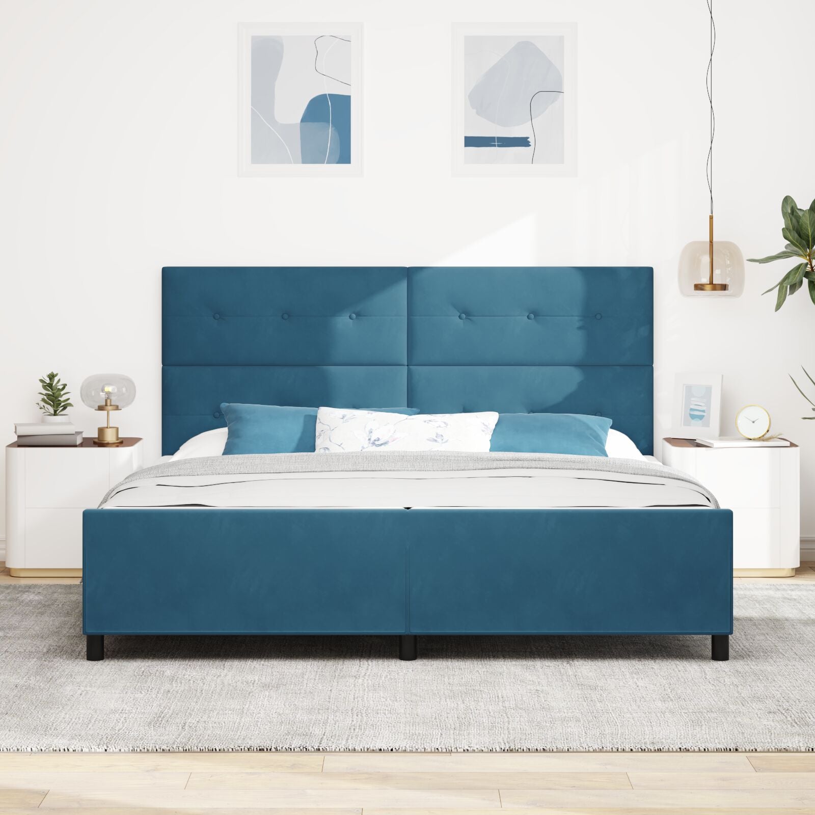 Bedframe Donkerblauw 200X200 Cm Fluweel Crème