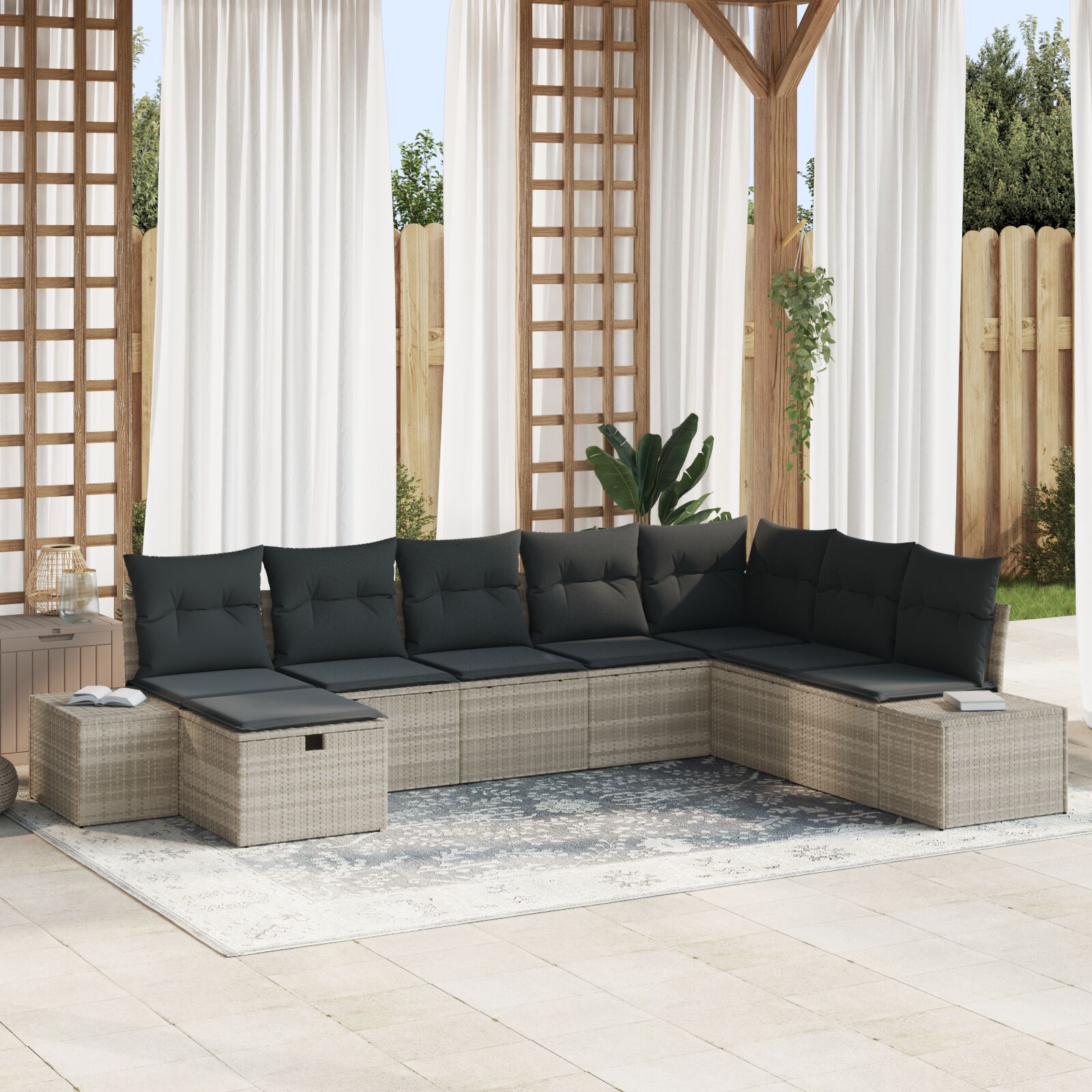 8-Delige Tuin Bankset Met Kussens Lichtgrijs Poly Rattan Wit