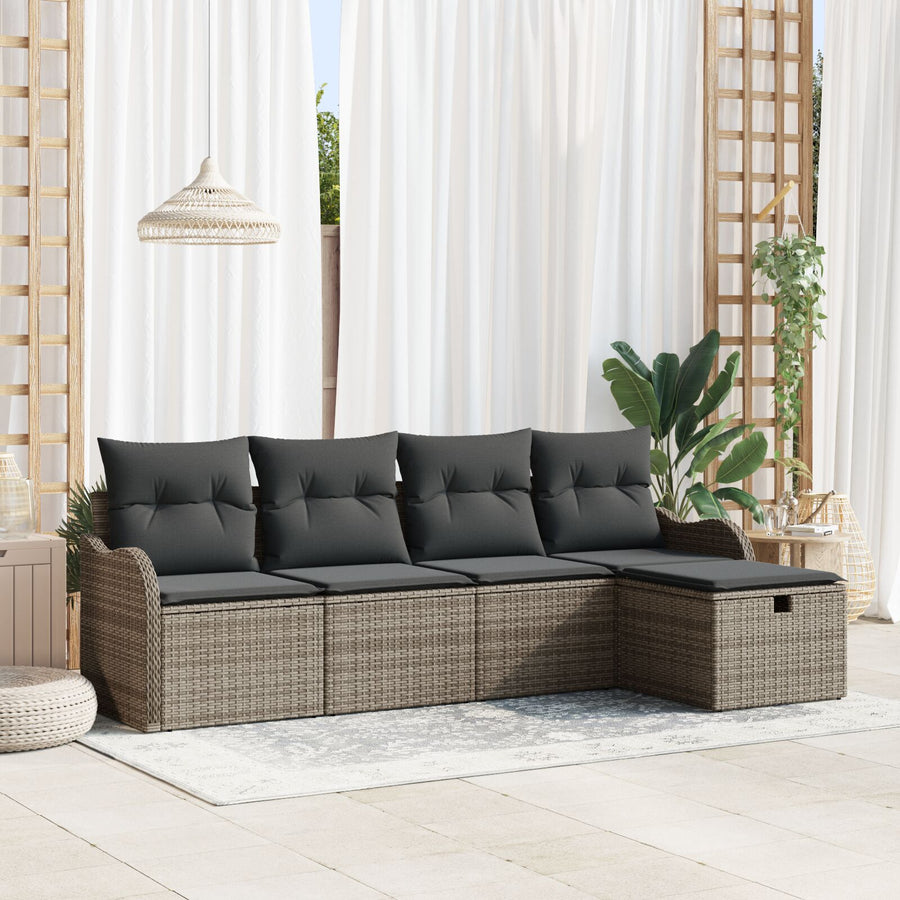 5-Delige Tuinsofa Set Met Kussens, Grijze Poly Rattan, 2-Zits Tuinsofa Met Opslag & Kussens, Grijze Poly Rattan Wit