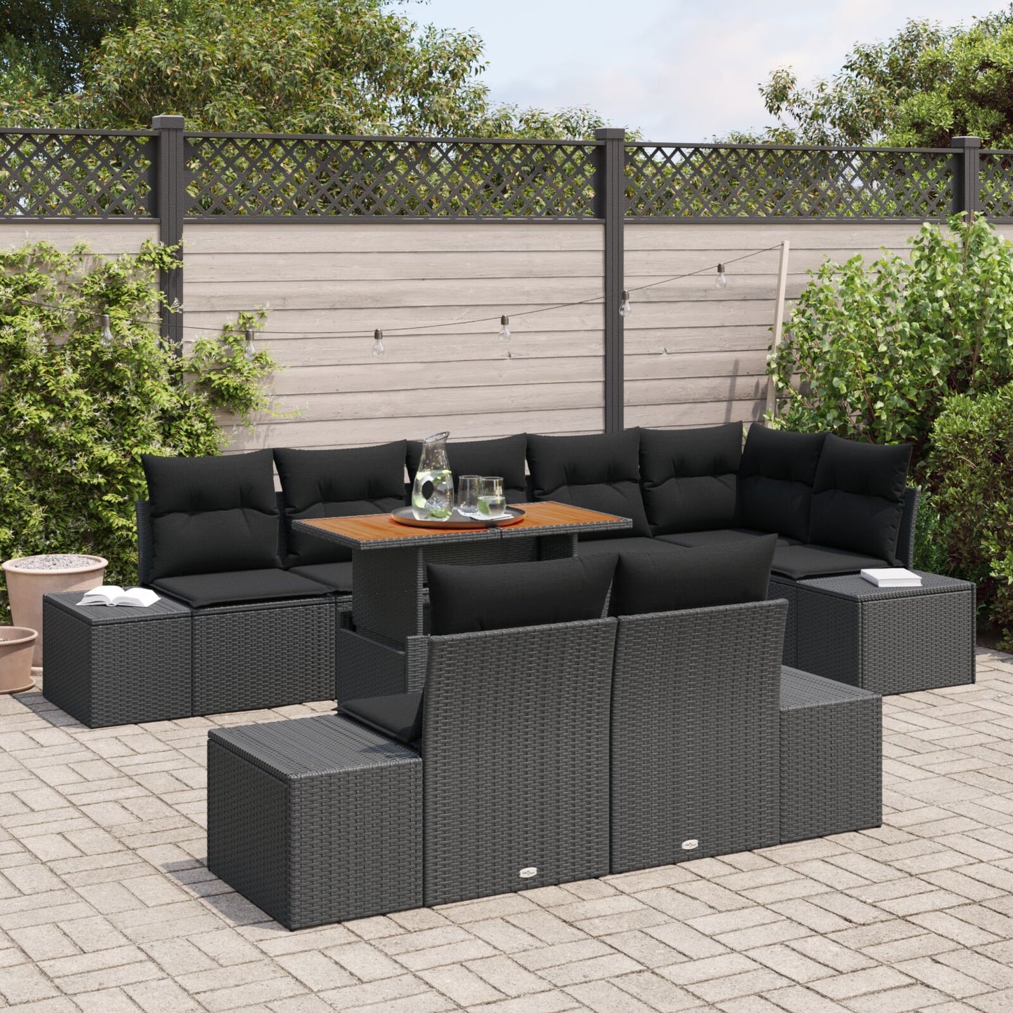 9-Delige Tuin Eettafel Set Met Kussens Zwart Poly Rattan Acacia