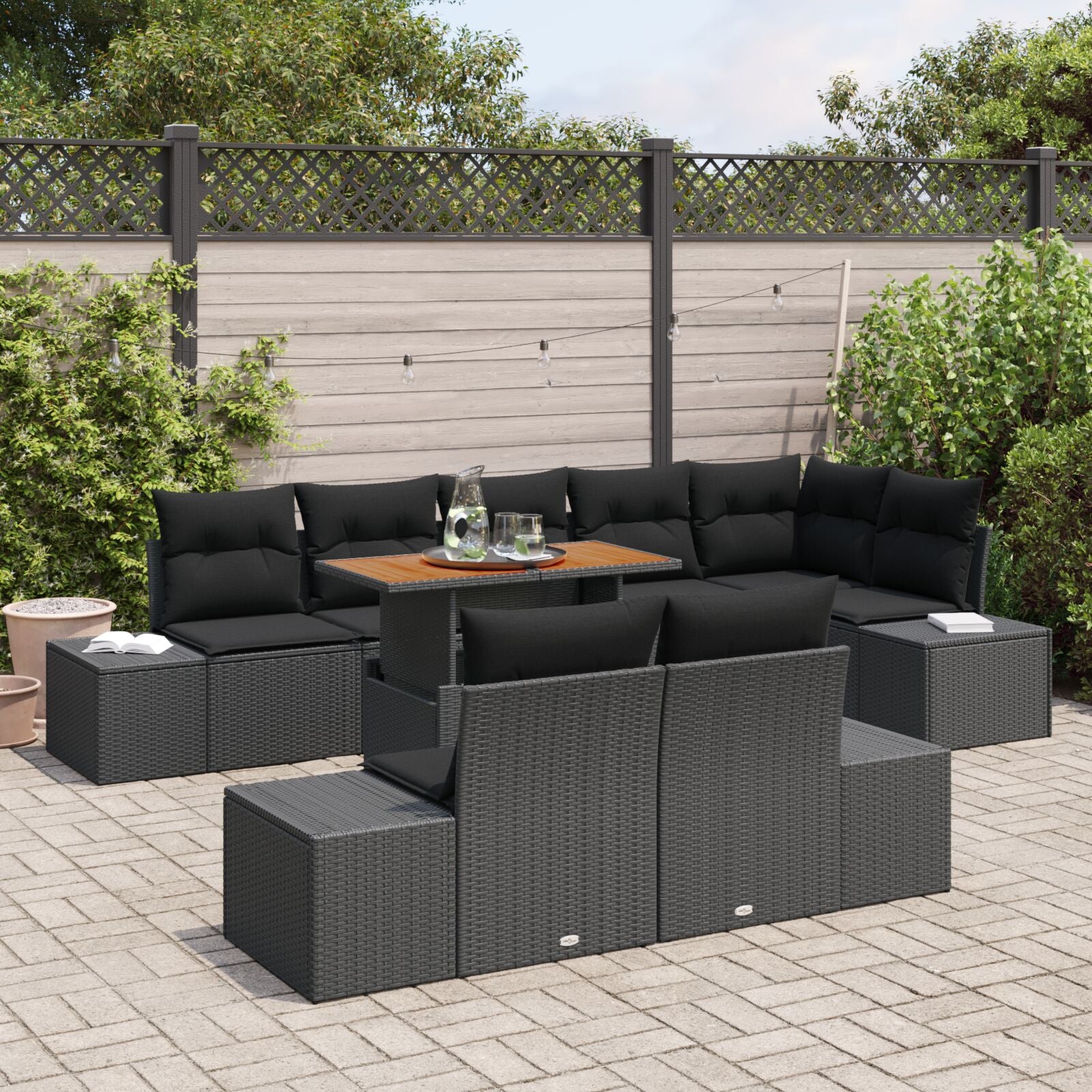 9-Delige Tuin Eettafel Set Met Kussens Zwart Poly Rattan Acacia