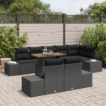 9-Delige Tuin Eettafel Set Met Kussens Zwart Poly Rattan Acacia
