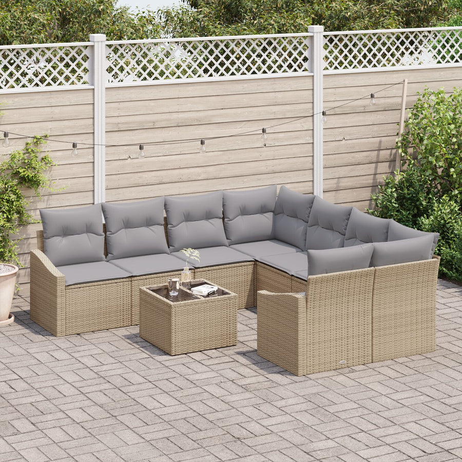 Tuinbank Set Set Van 9 Beige, Grijs Rattan, Polyester Gegalvaniseerd Staal