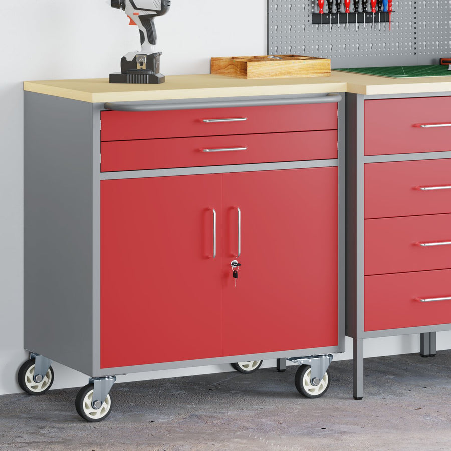 Gereedschapskast Met Wielen En Vergrendelbaar 75X45X85 Cm Staal Rood en grijs met 2 laden