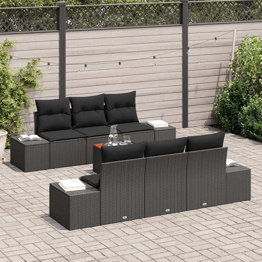 7-Delige Tuin Sofa Set Met Kussens Zwart Poly Rattan Acacia
