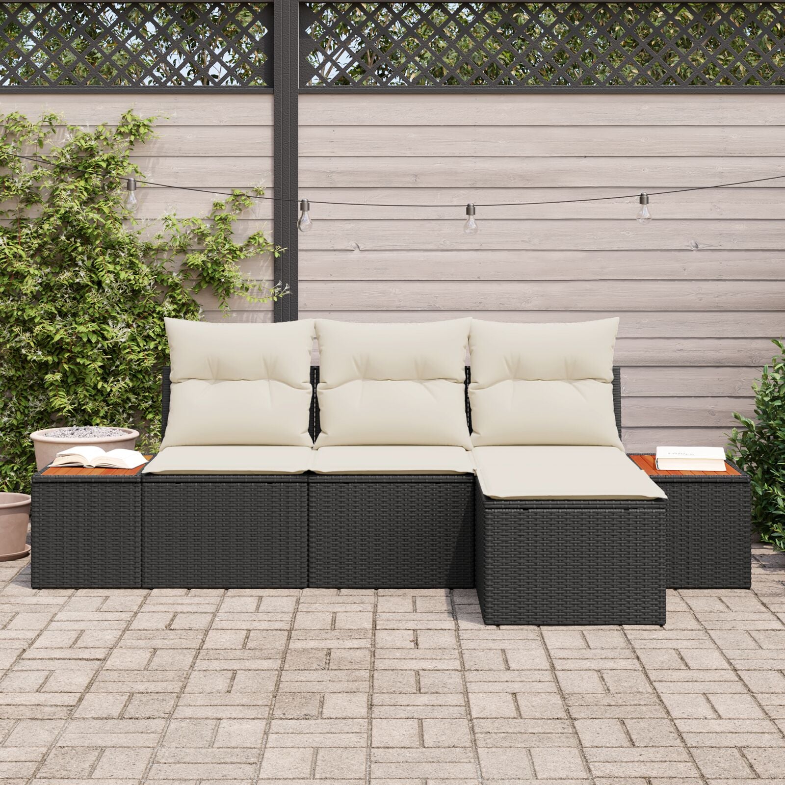 4-Delige Tuin Sofa Set Met Kussens Zwart Poly Rattan Acacia