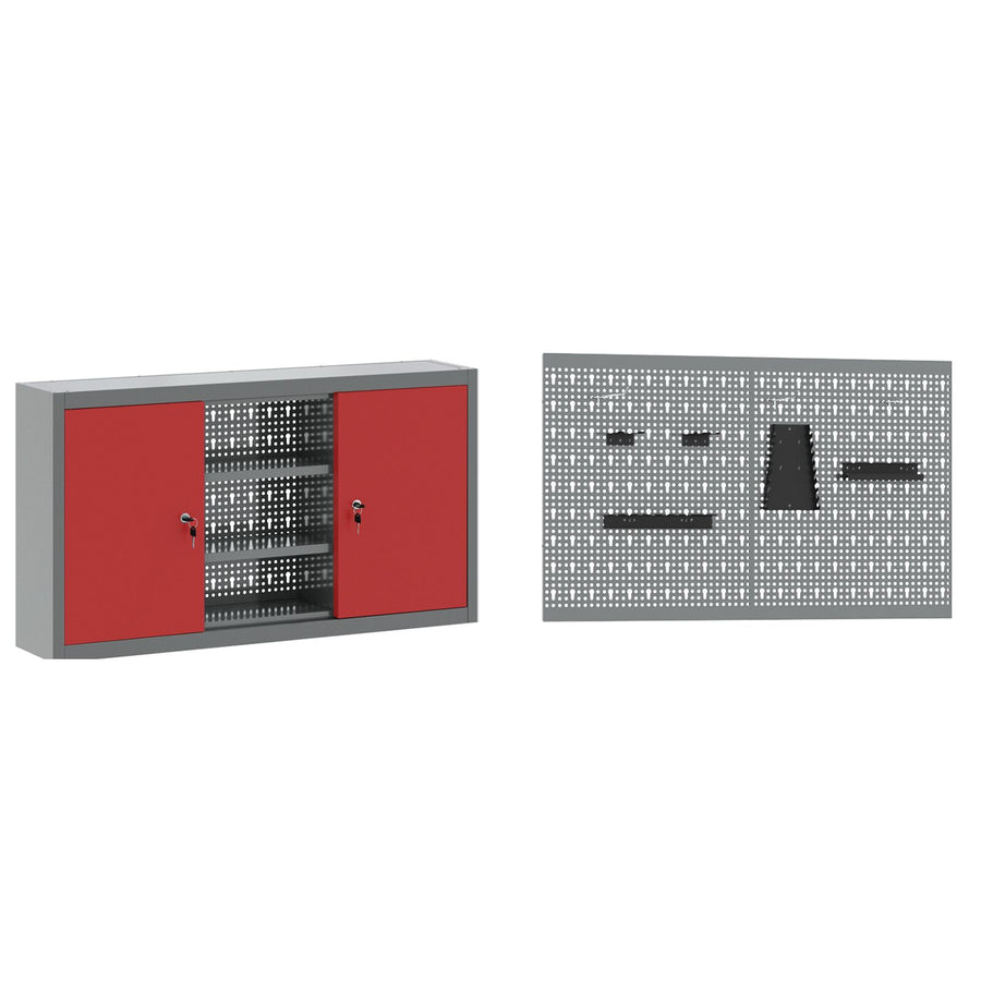 5-Delige Werkbankset Staal 2x (85 cm) Rood 2x kast + 2x pegboard + kast met deur