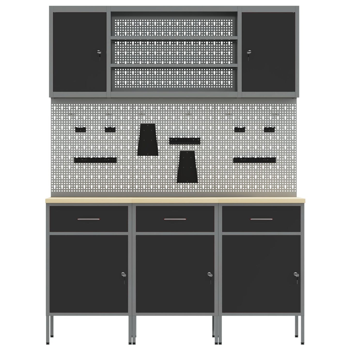 7-Delige Werkbank Set Staal 3x (84 cm) Zwart 4x kast + 4x pegboard