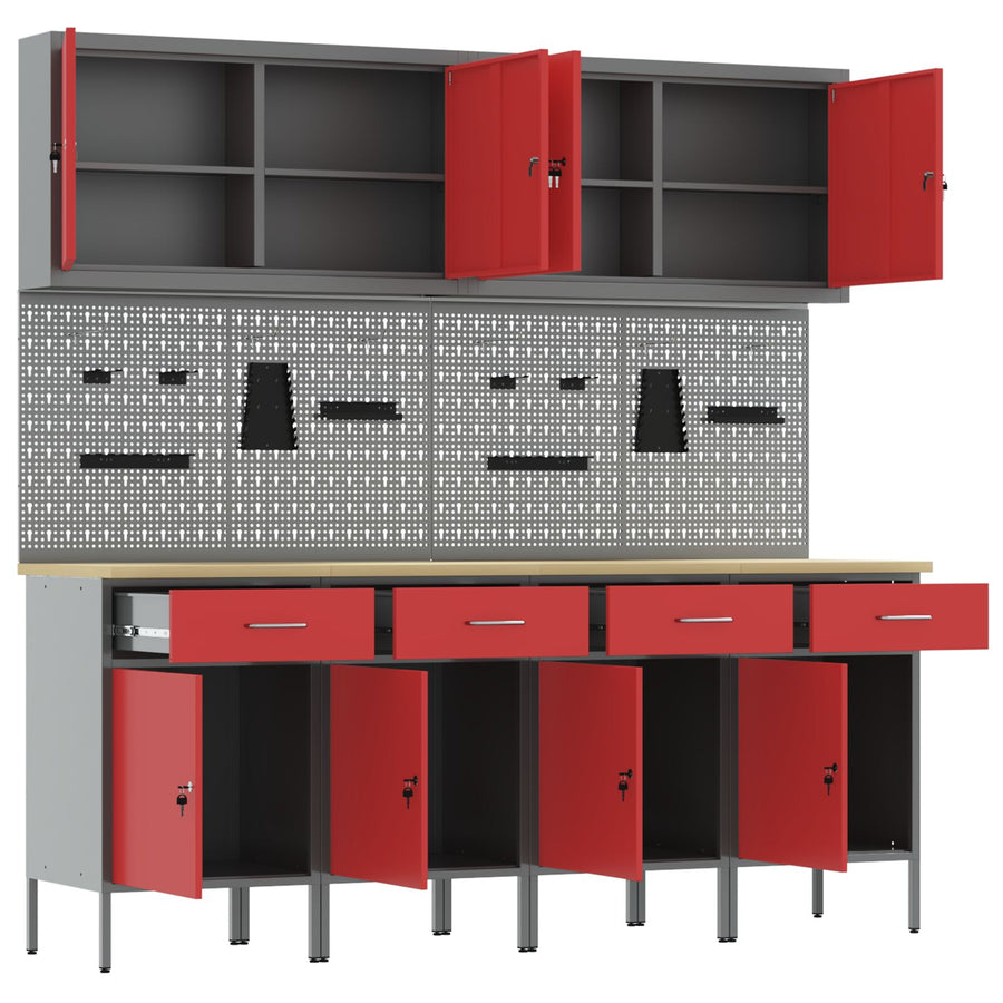 10-Delige Werkcabinet En Pegboard Set - Mdf En Metaal 4x (84 cm) Rood 4x kast + 4x prikbord + 2x gereedschap cabinet