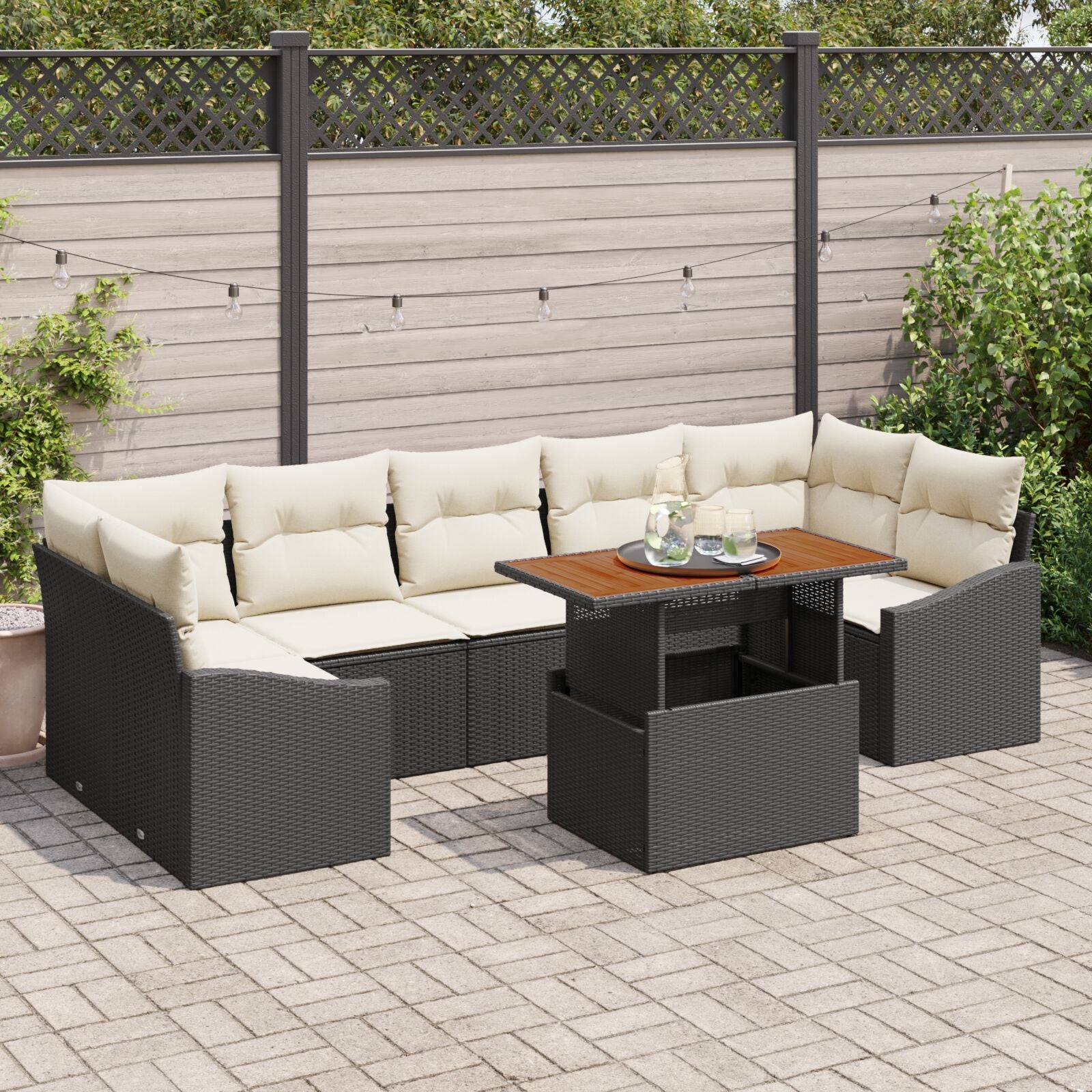 8-Delige Tuin Eetset Met Kussens Zwarte Poly Rattan Acacia