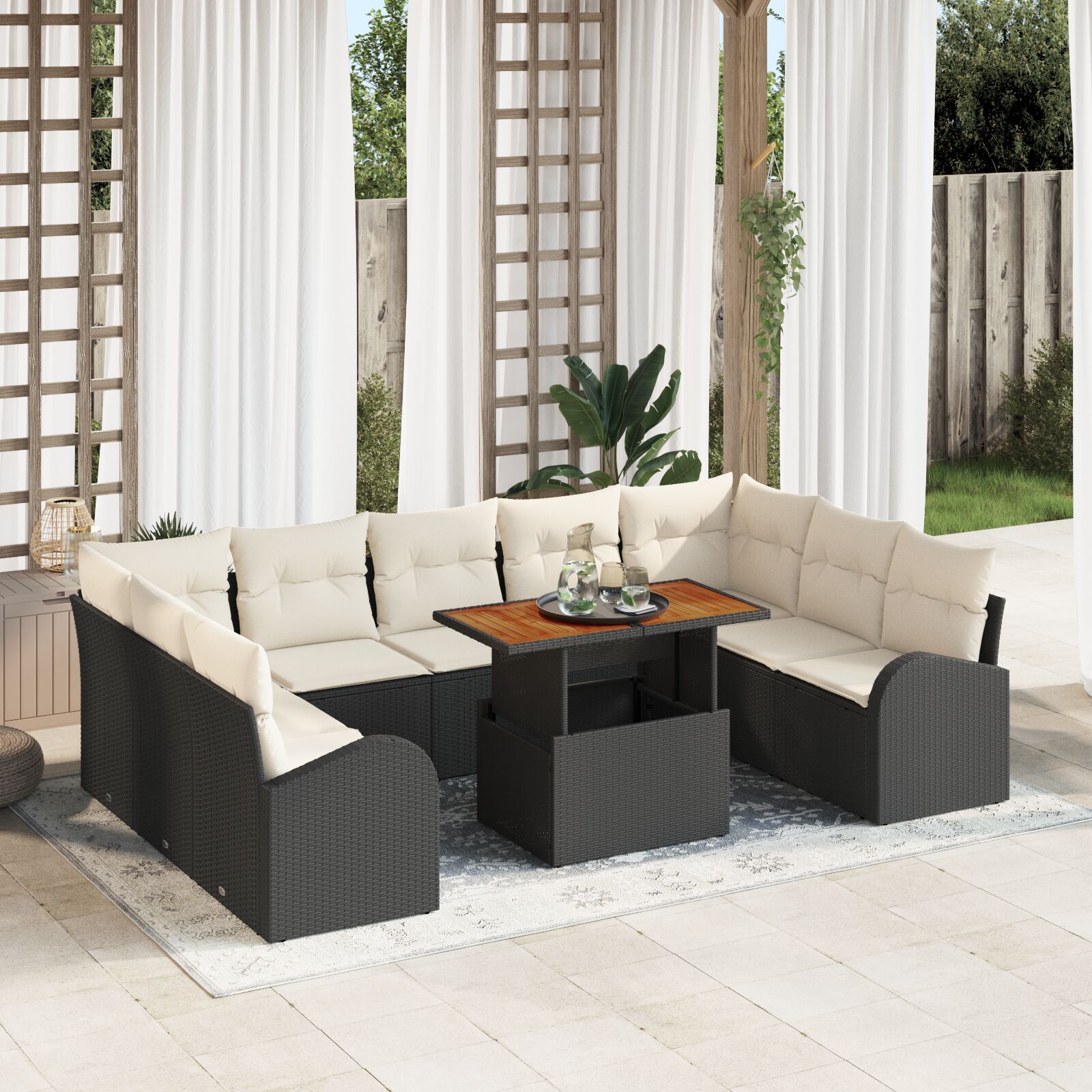10-Delige Tuin Eetset Met Kussens Zwart Poly Rattan Acaciahout