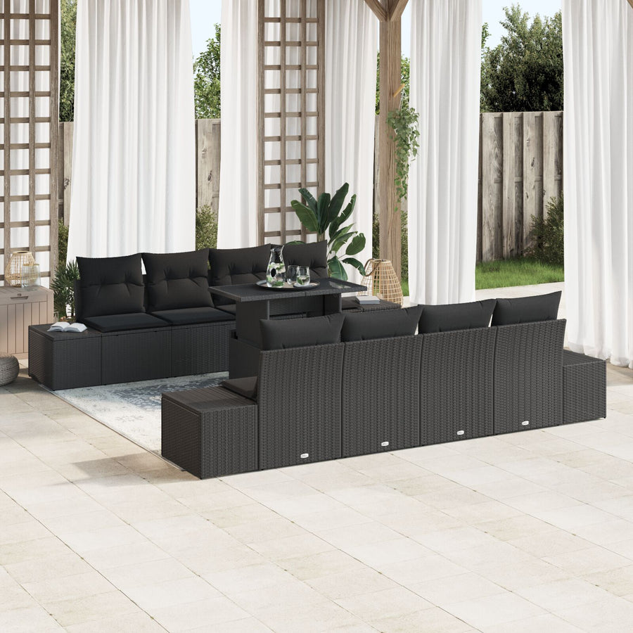 9-Delige Tuin Sofa Set Met Kussens Zwart Poly Rattan