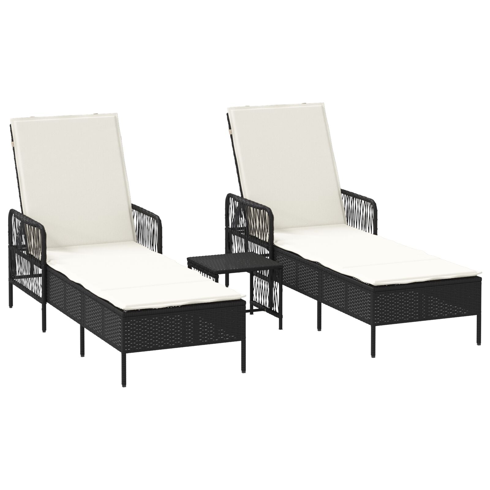 Zonnebank Set Set Van 3 Zwart En Crème Wit Pe Rattan, Metaal