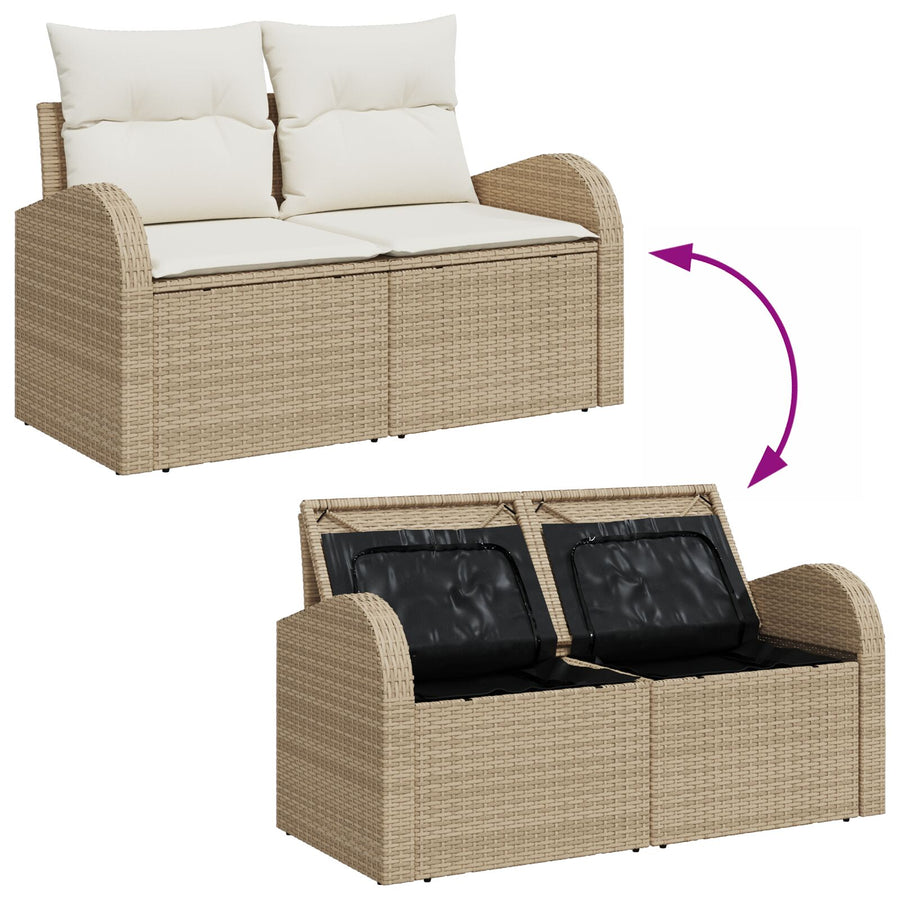 9-Delige Tuin Sofa Set Met Kussens Beige Poly Rattan,  2-Persoons Tuin Sofa Met Opbergruimte & Kussens Beige Poly Rattan