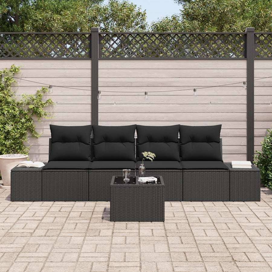 5-Delige Tuinsofa Set Met Kussens Zwart Poly Rattan