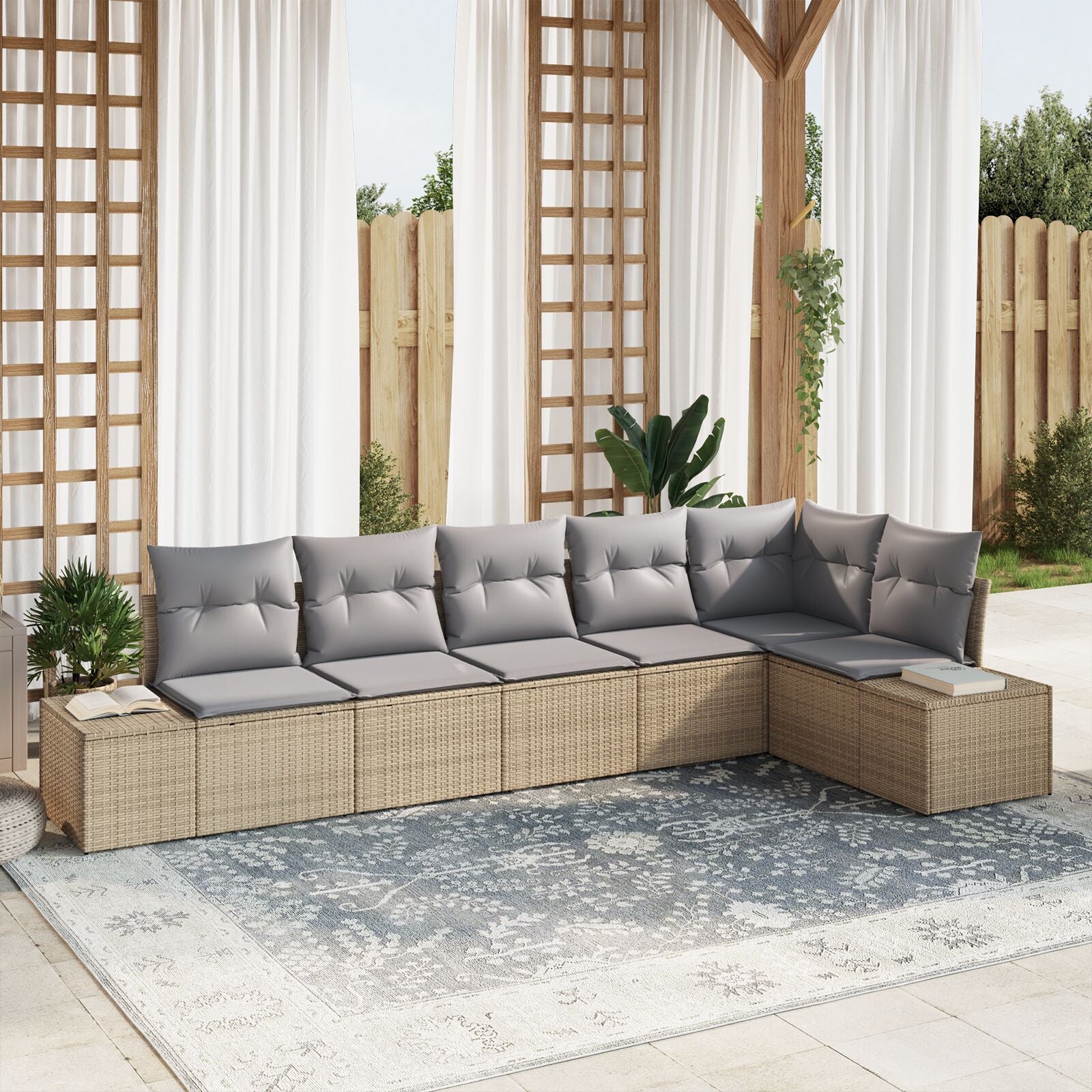 6-Delige Tuin Sofa Set Met Kussens Poly Rattan Beige en grijs zonder tafel