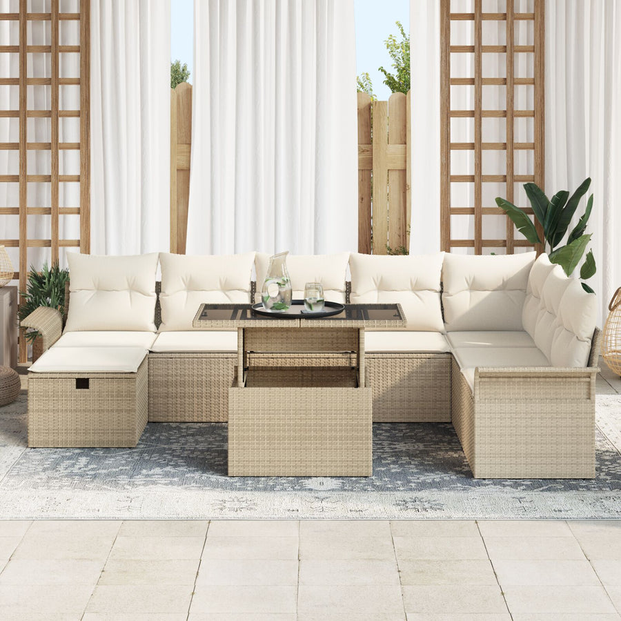 9-Delige Tuin Bankset Met Kussens Beige Poly Rattan