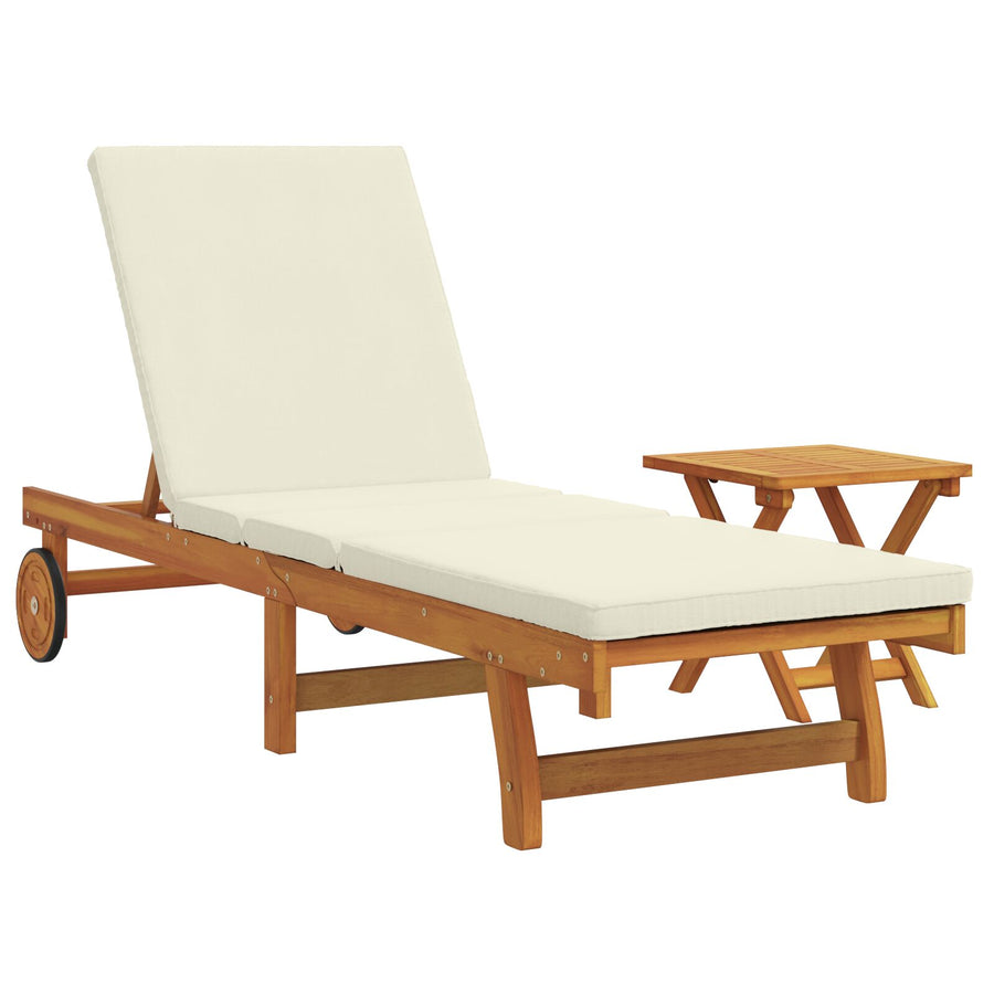 Wielen Zonnebed Met Tafel En Kussen Van Massief Acaciahout 2 Crème wit Zonnebed + tafel