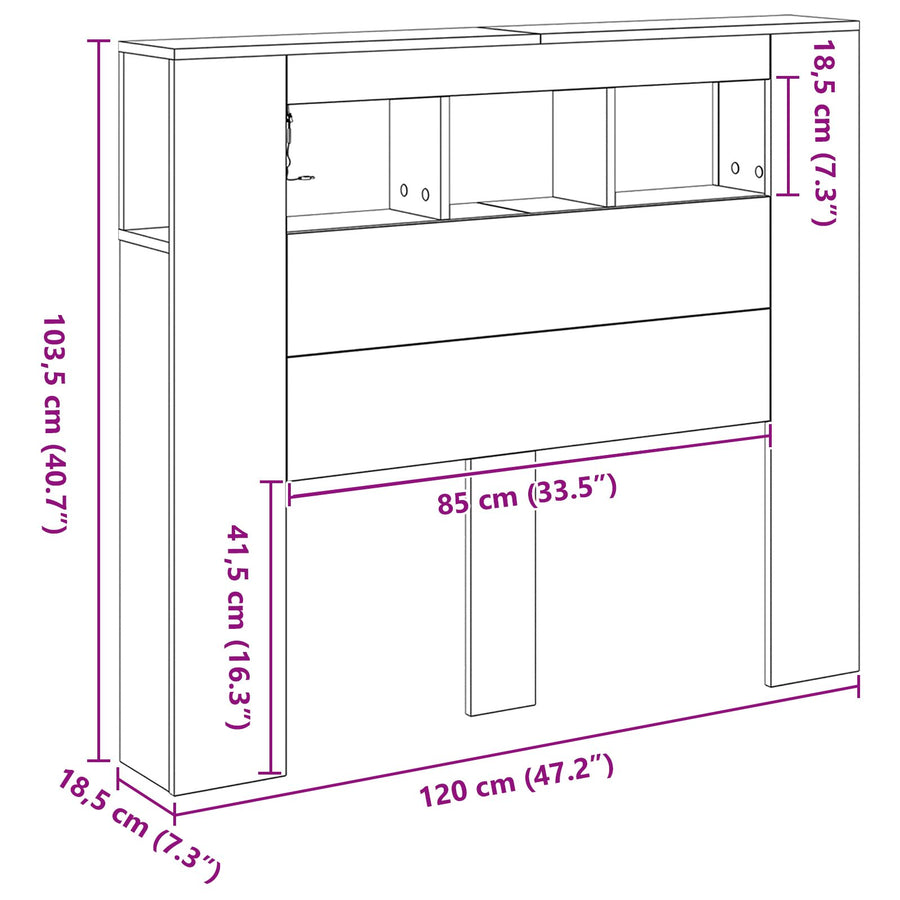 Opslag Hoofdeinde Met Led-Verlichting Zwart Eiken 120X18,5X103,5 Cm