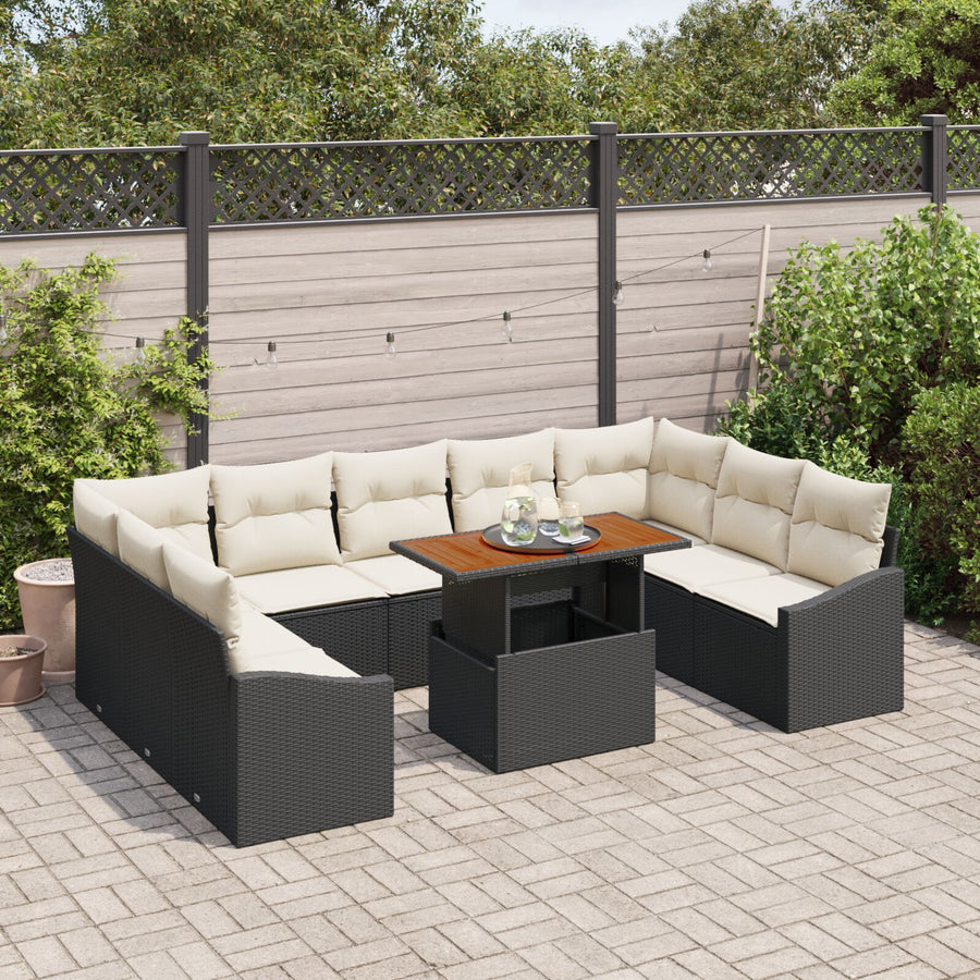 10-Delige Tuindiningset Met Kussens Zwart Poly Rattan Acacia
