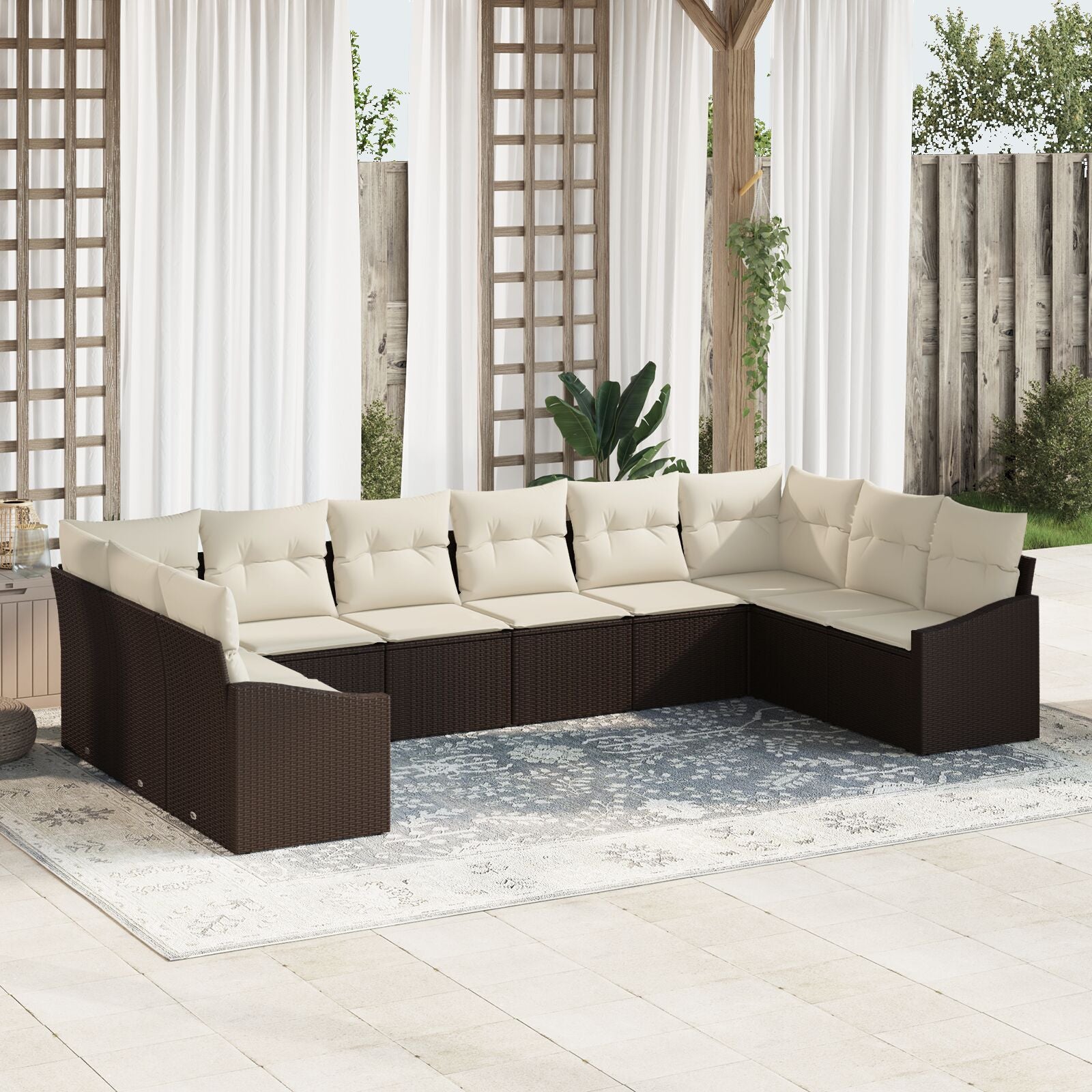 10-Delige Tuin Sofa Set Met Kussens Poly Rattan Bruin en crème zonder tafel