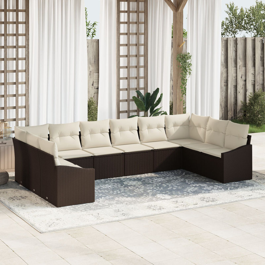 10-Delige Tuin Sofa Set Met Kussens Poly Rattan Bruin en crème zonder tafel