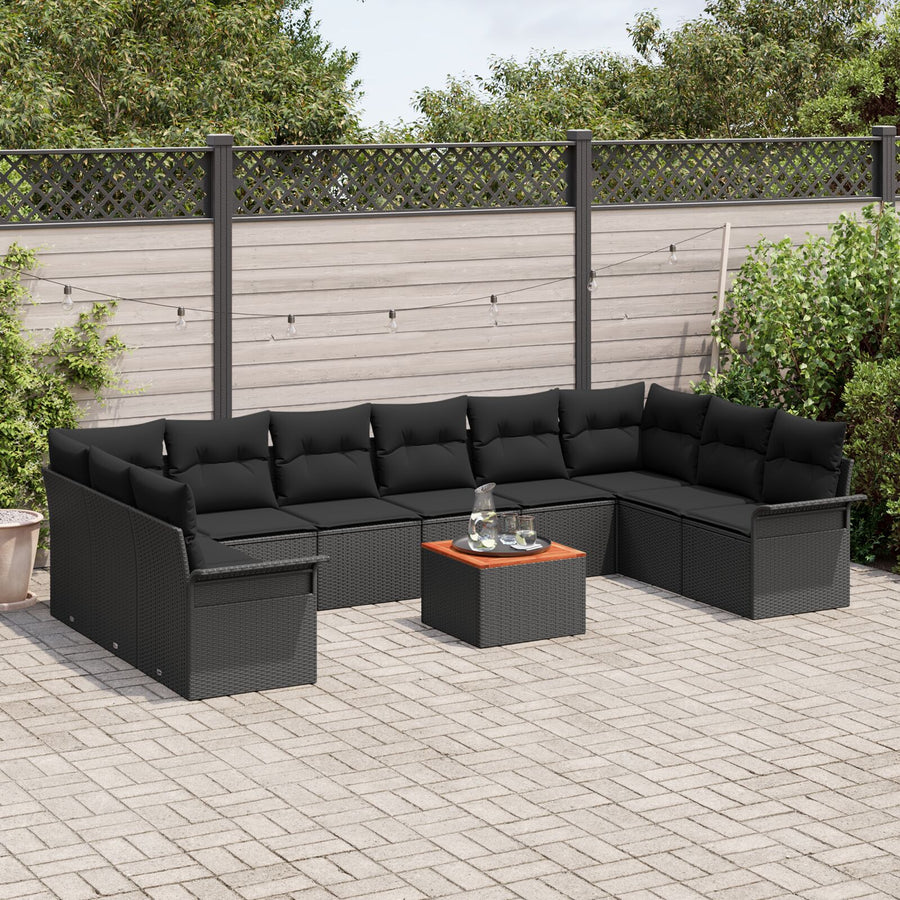 11-Delige Tuinbankset Met Kussens Zwart Poly Rattan Acacia