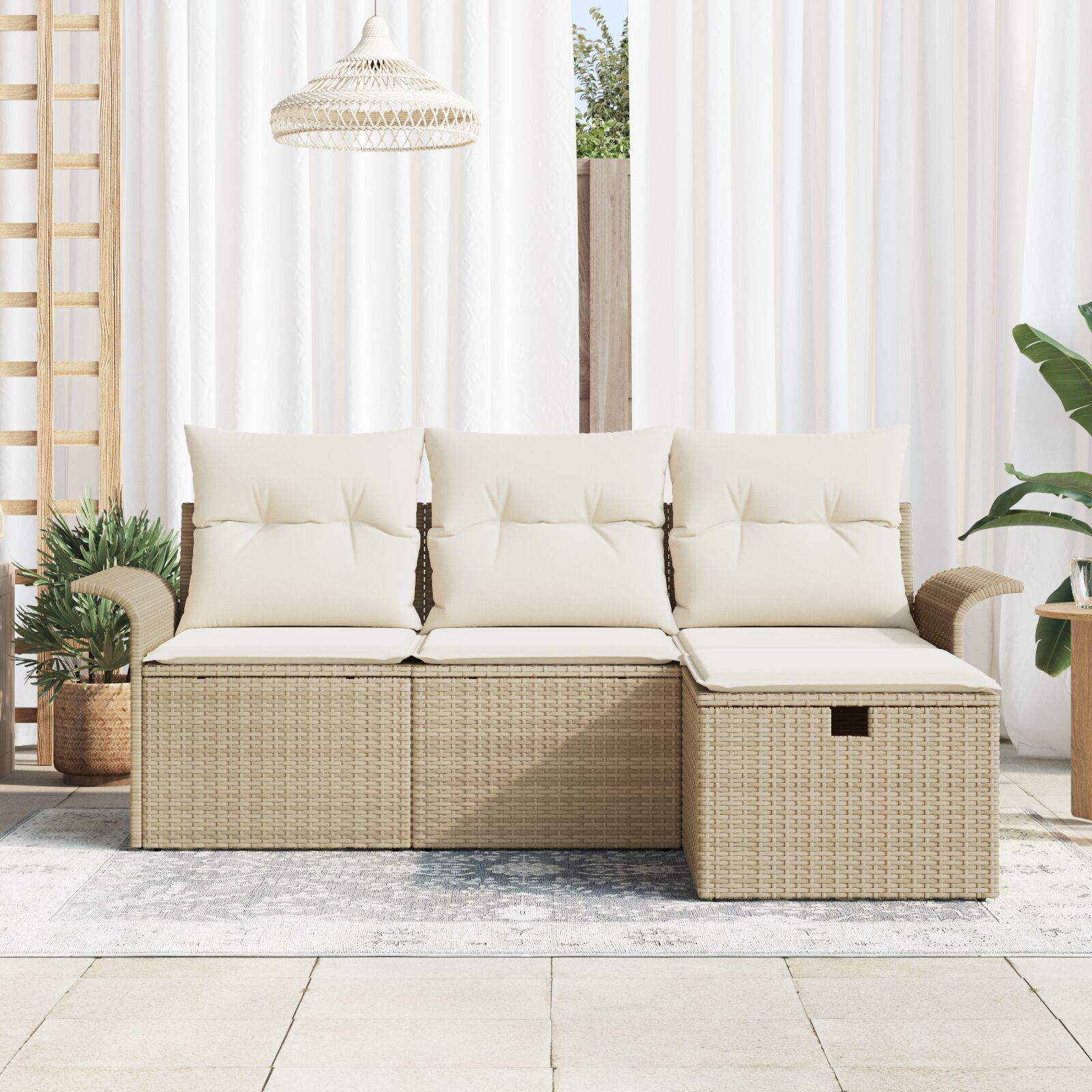4 Delige Tuin Sofa Set Met Kussens Beige Poly Rattan, 2-Persoons Tuin Sofa Met Opbergruimte & Kussens Beige Poly Rattan Wit