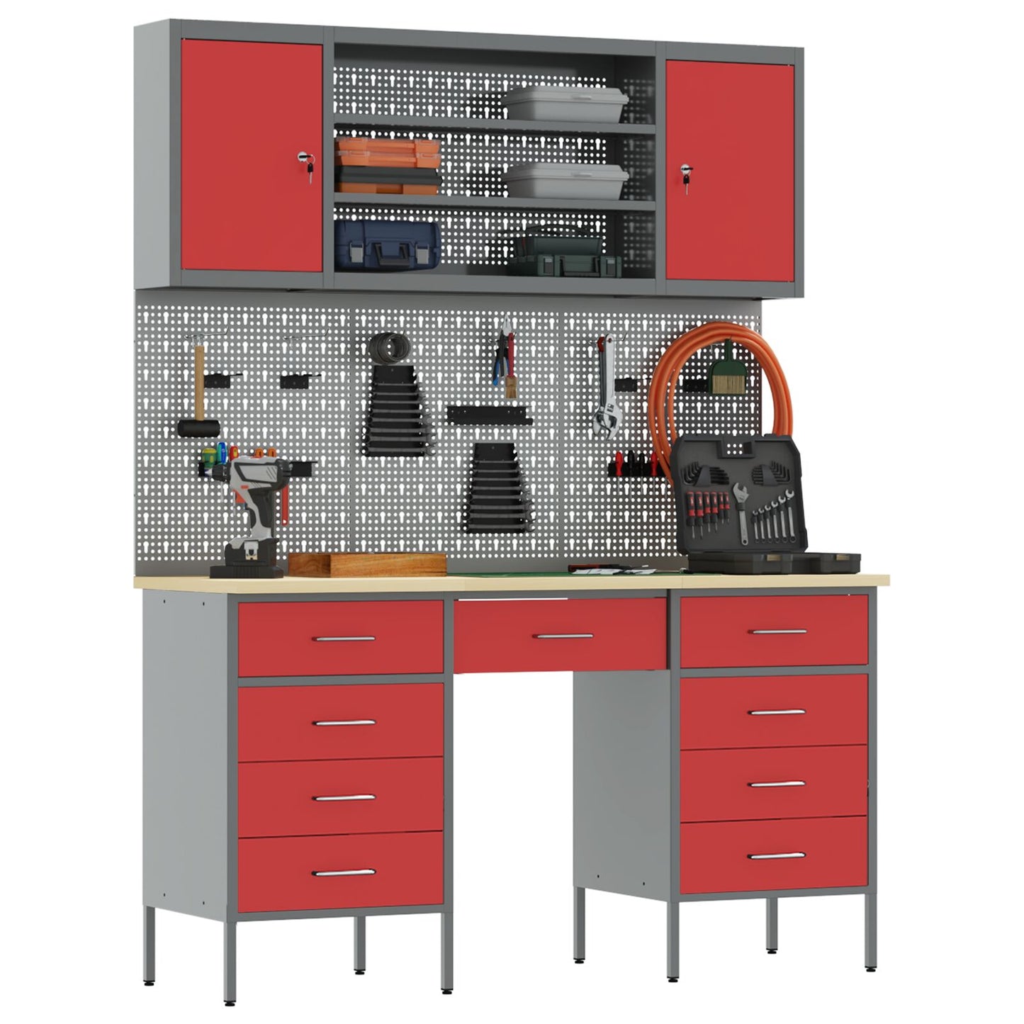 7-Delige Werkcabinet En Pegboard Set Rood Mdf En Metaal