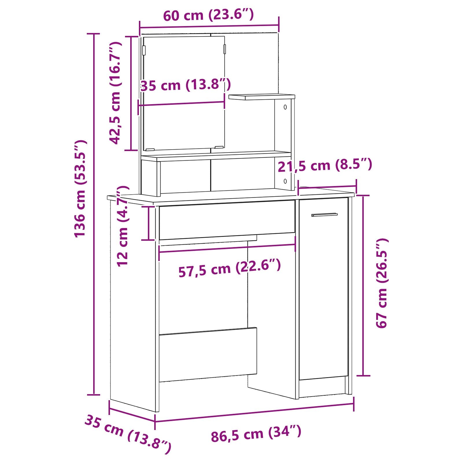 Zwarte Eikenhouten Kaptafel Met Spiegel - 86.5 X 35 X 136 Cm