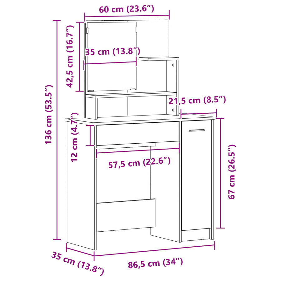 Zwarte Eikenhouten Kaptafel Met Spiegel - 86.5 X 35 X 136 Cm