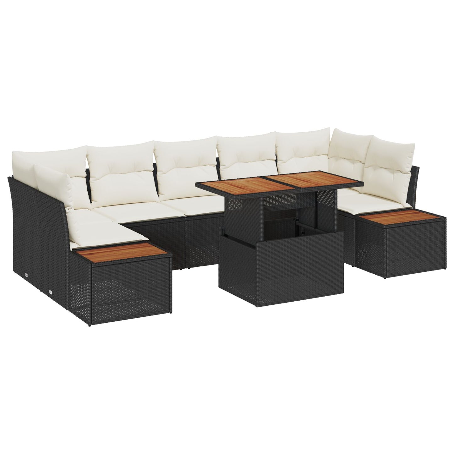 8-Delige Tuin Eettafel Set Met Kussens Zwarte Poly Rattan Acacia