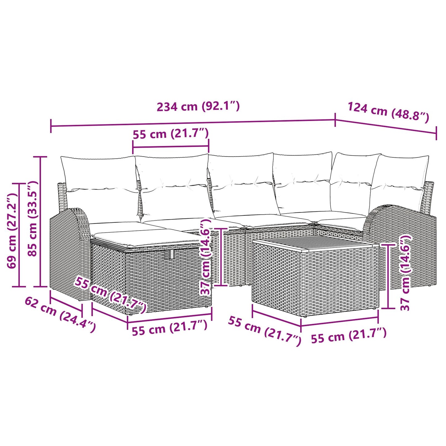 7-Delige Tuin Sofa Set Met Kussens Zwart Poly Rattan