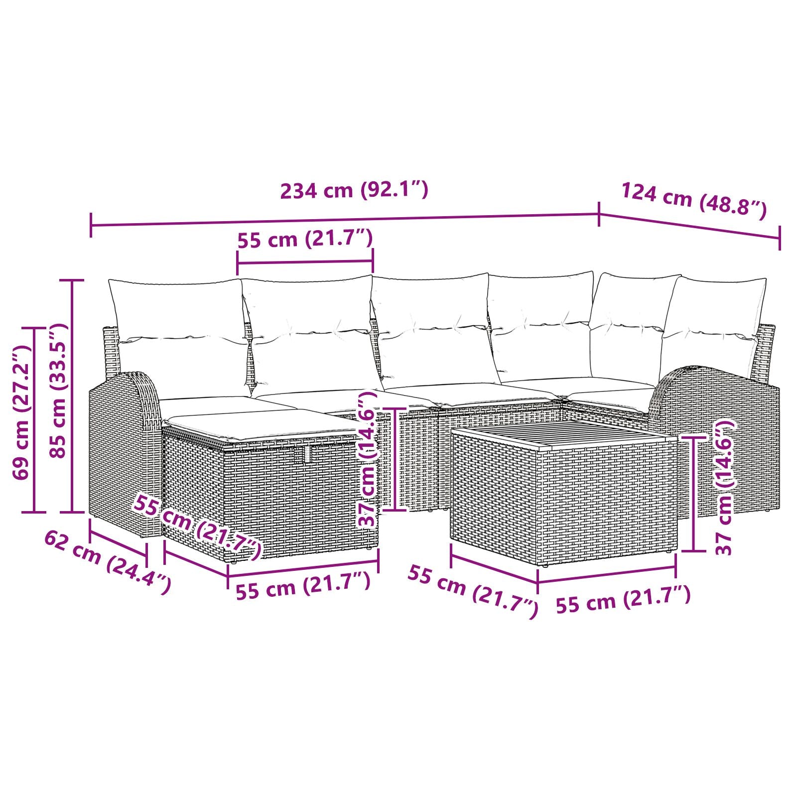 7-Delige Tuin Sofa Set Met Kussens Zwart Poly Rattan