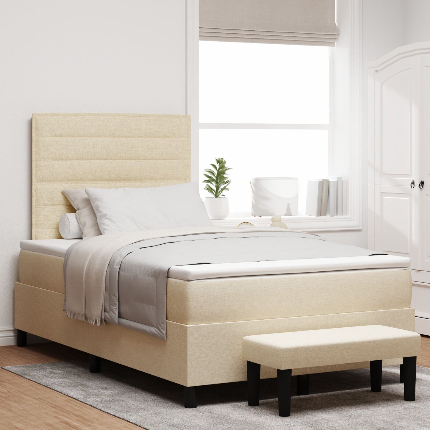 Boxspring Bed Met Matras & Bench Stof Crème 120 x 200 cm Lijn ontwerp
