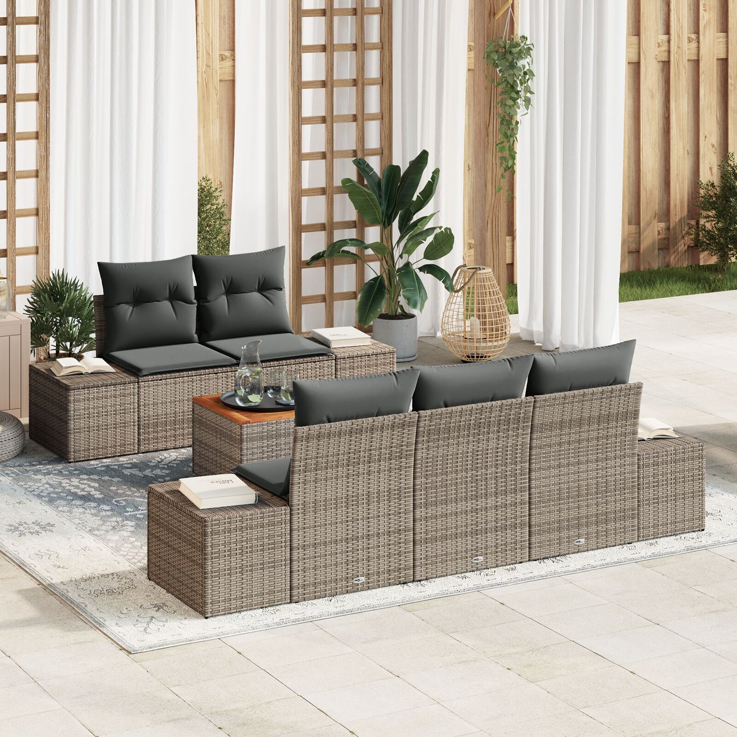 6-Delige Tuin Sofa Set Met Kussens Grijs Poly Rattan Acacia