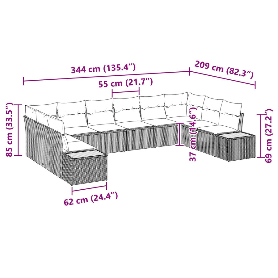 10-Delige Tuin Sofa Set Met Kussens Beige Poly Rattan Acacia