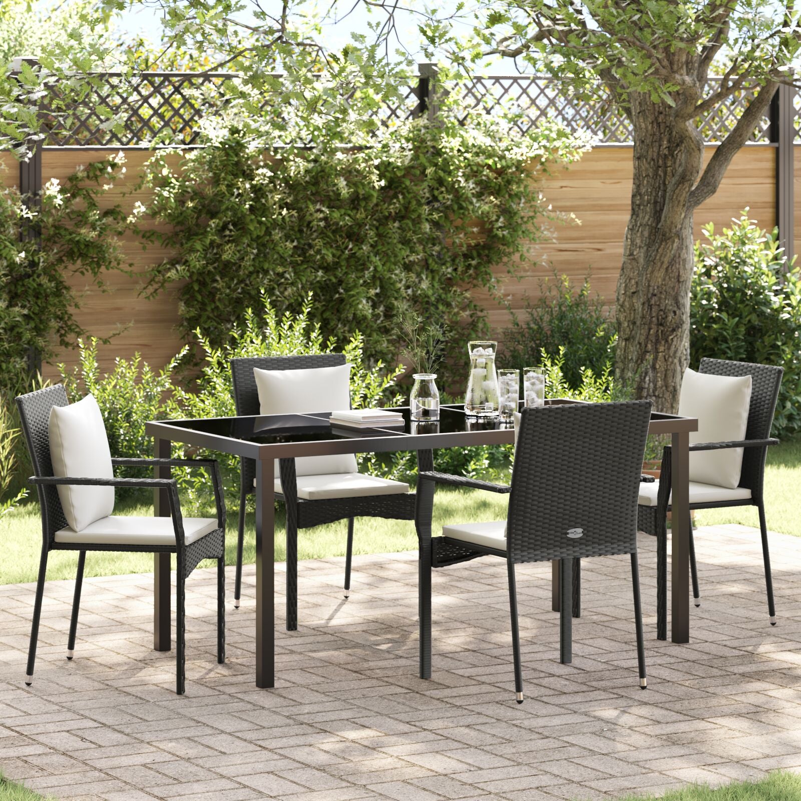 5-Delige Tuin Eetset Met Kussens Zwart Poly Rattan