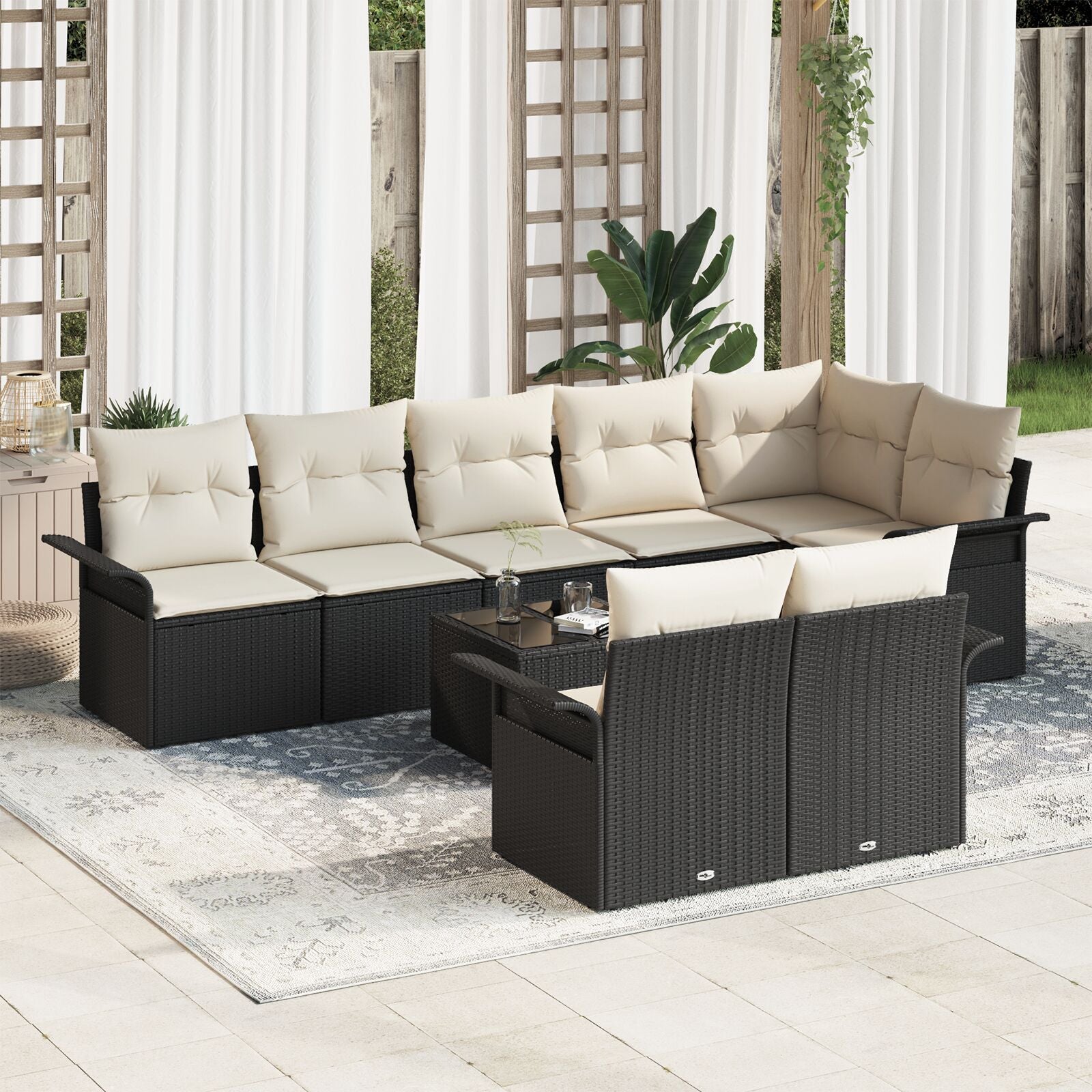 8-Delige Tuinbankset Met Kussens Bruin Poly Rattan Zwart en crème met tafel