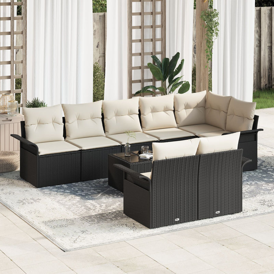8-Delige Tuinbankset Met Kussens Bruin Poly Rattan Zwart en crème met tafel