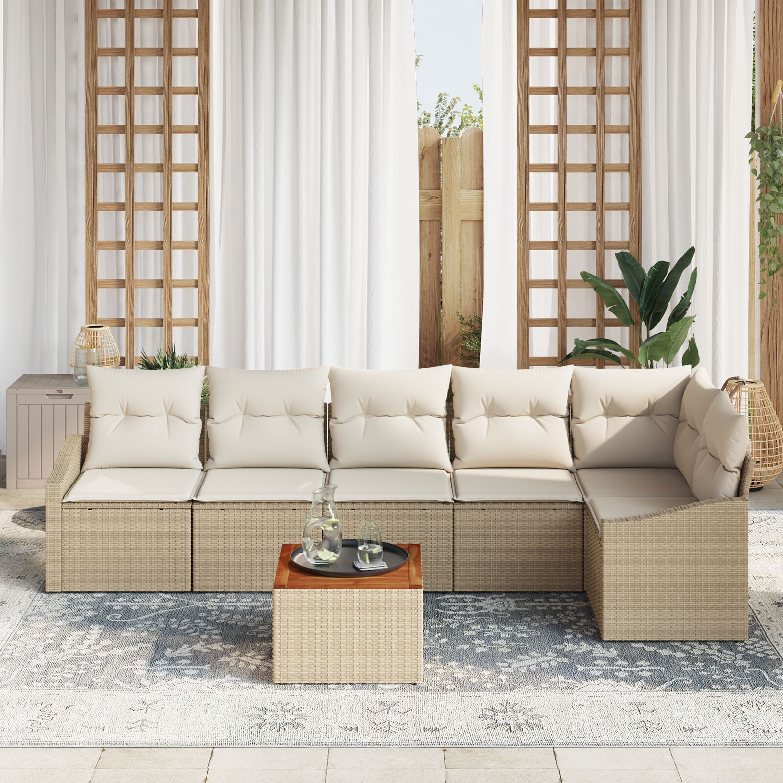 7-Delige Tuin Sofa Set Met Kussens Beige Poly Rattan Acacia