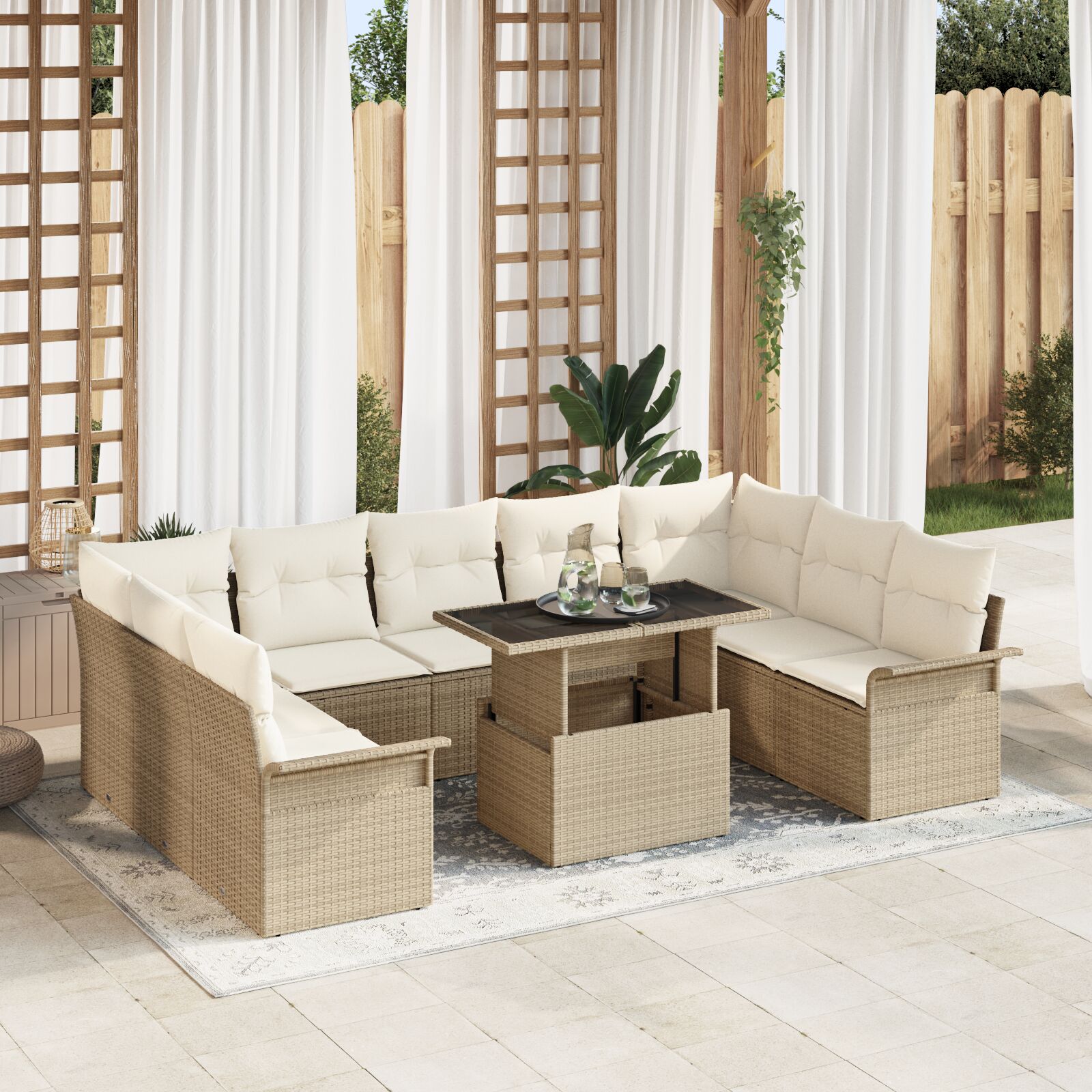10-Delige Tuinbank Set Met Kussens Beige Poly Rattan
