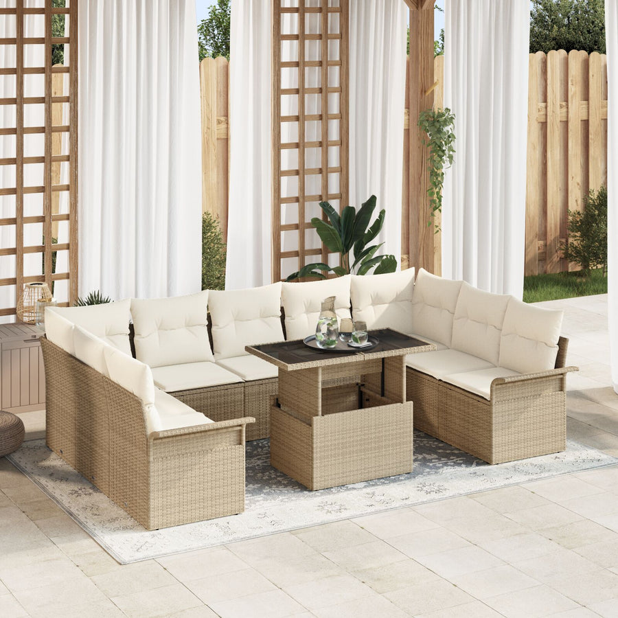 10-Delige Tuinbank Set Met Kussens Beige Poly Rattan