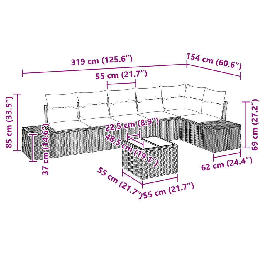 7-Delige Tuin Sofa Set Met Kussens Beige Poly Rattan Zwart met tafel